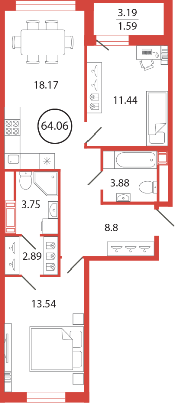 3-комнатная (Евро) квартира, 64.06 м² - планировка, фото №1