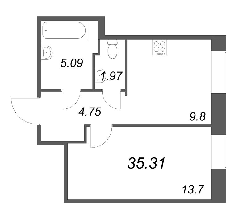 1-комнатная квартира, 35.31 м² - планировка, фото №1
