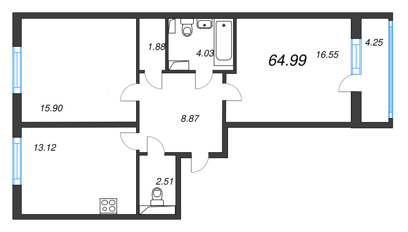 2-комнатная квартира, 64.99 м² - планировка, фото №1