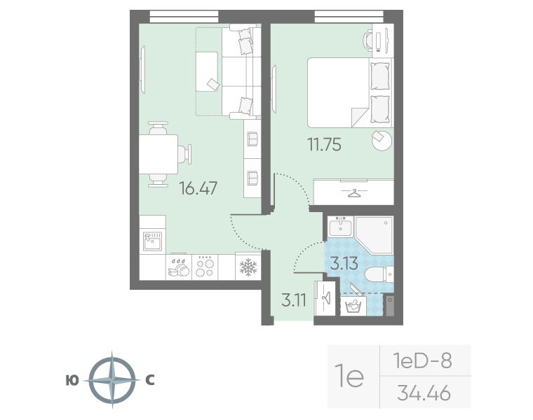 2-комнатная (Евро) квартира, 34.46 м² в ЖК "Морская миля" - планировка, фото №1