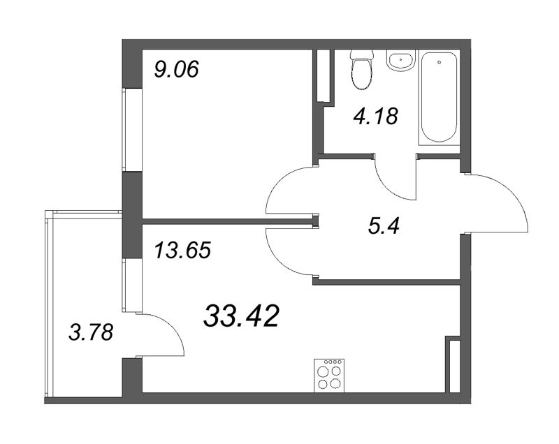 1-комнатная квартира, 33.42 м² в ЖК "Новая история" - планировка, фото №1