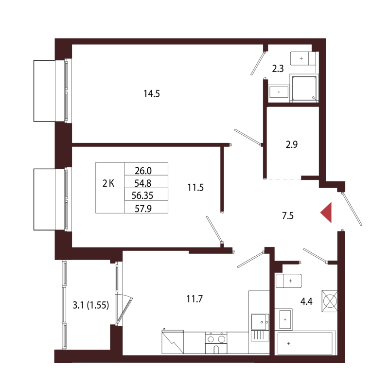 2-комнатная квартира, 56.35 м² - планировка, фото №1