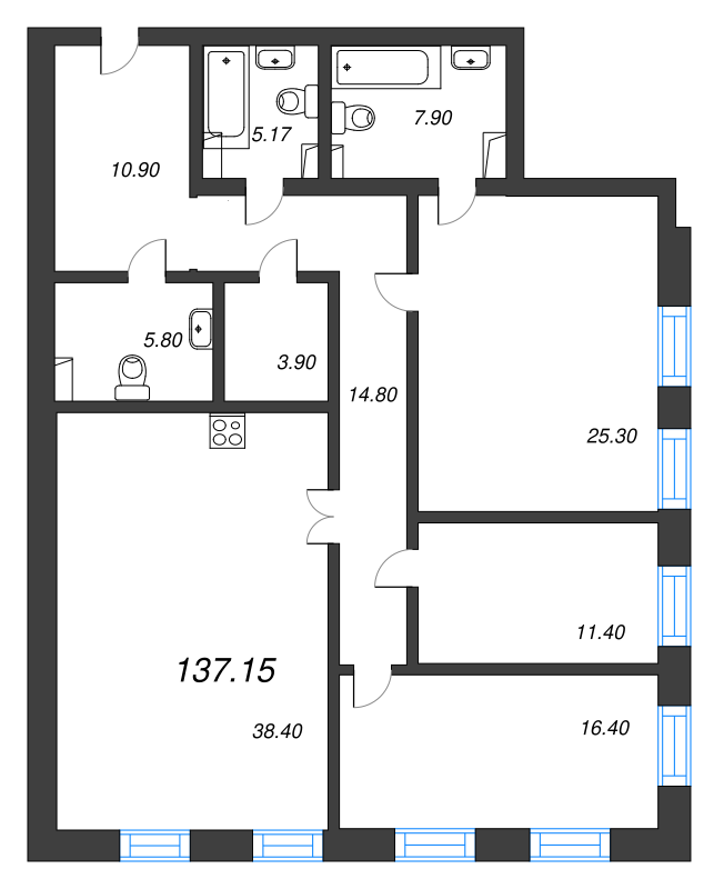 4-комнатная (Евро) квартира, 137.2 м² в ЖК "Манхэттэн" - планировка, фото №1