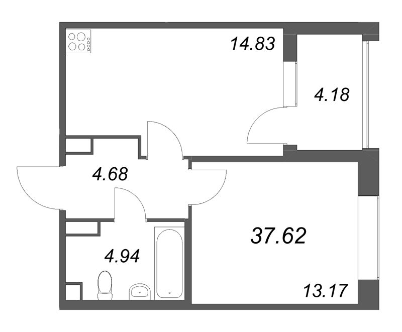 1-комнатная квартира, 37.62 м² в ЖК "Дом на Курской" - планировка, фото №1