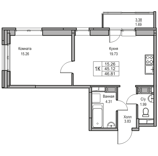 2-комнатная (Евро) квартира, 46.81 м² в ЖК "Юнтолово" - планировка, фото №1