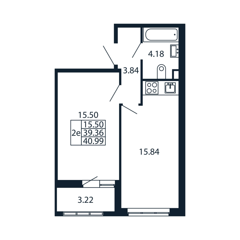 2-комнатная (Евро) квартира, 39.36 м² - планировка, фото №1