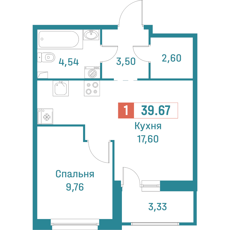 2-комнатная (Евро) квартира, 39.67 м² в ЖК "Графика" - планировка, фото №1