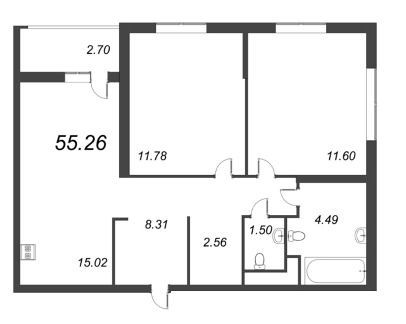 3-комнатная (Евро) квартира, 55.26 м² - планировка, фото №1