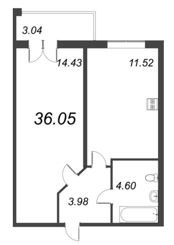 1-комнатная квартира, 36.05 м² в ЖК "Рождественский квартал" - планировка, фото №1