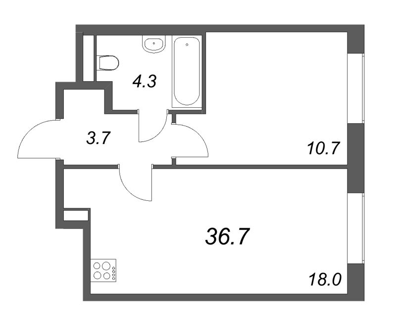 2-комнатная (Евро) квартира, 36.7 м² в ЖК "Большая Охта" - планировка, фото №1
