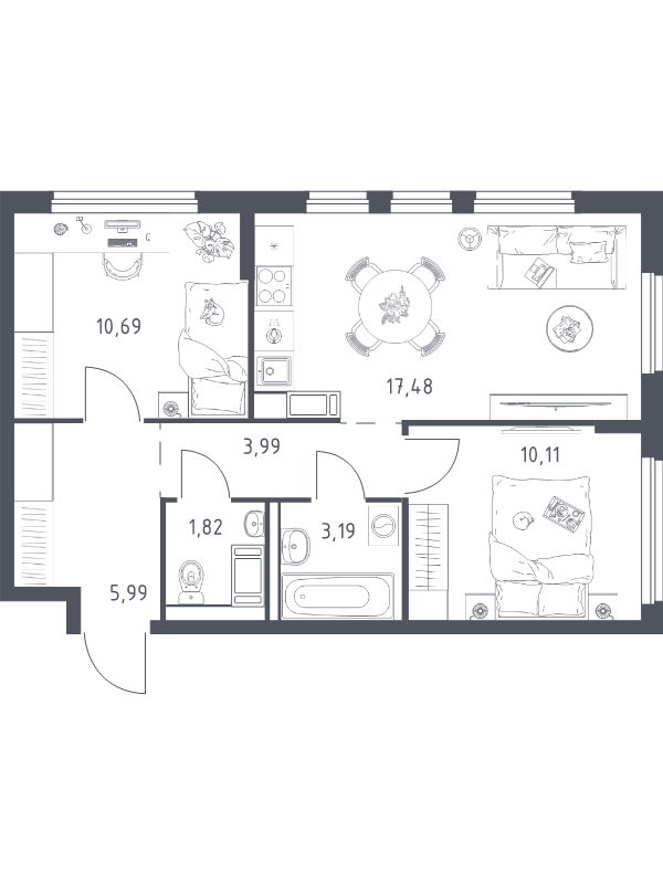 3-комнатная (Евро) квартира, 53.27 м² в ЖК "Новое Колпино" - планировка, фото №1