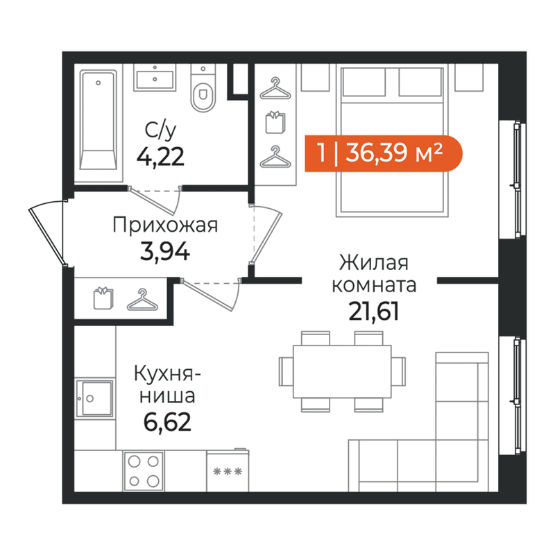 Квартира-студия, 36.39 м² в ЖК "Алгоритм Квинта" - планировка, фото №1