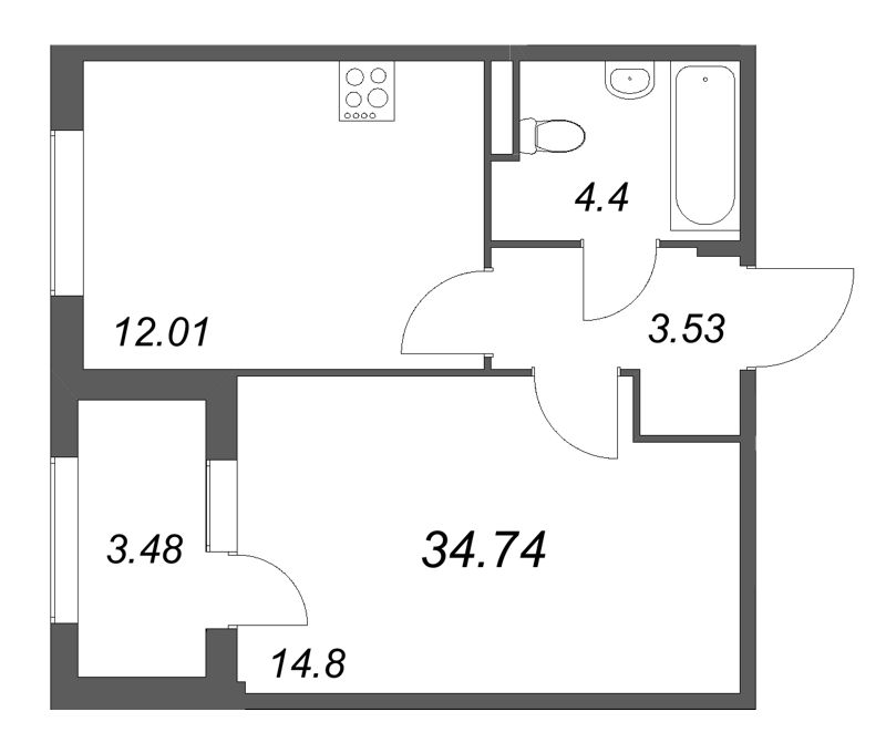 1-комнатная квартира, 34.74 м² в ЖК "Дубровский" - планировка, фото №1