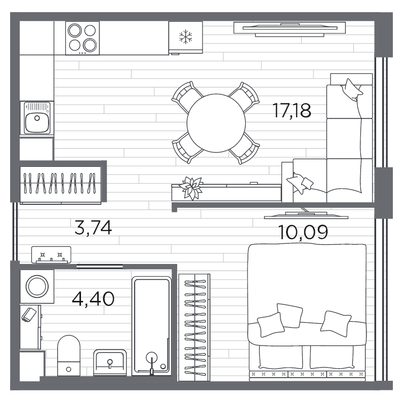 2-комнатная (Евро) квартира, 35.41 м² в ЖК "PLUS Пулковский" - планировка, фото №1