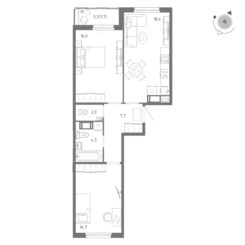 3-комнатная (Евро) квартира, 65 м² в ЖК "Клюква.Парк" - планировка, фото №1