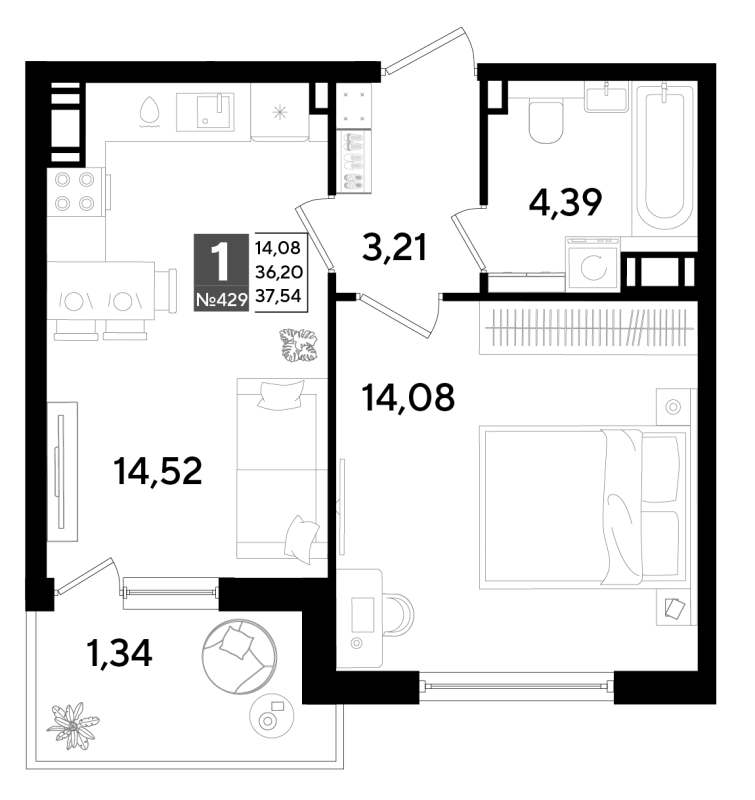 1-комнатная квартира, 36.77 м² в ЖК "Догма Юкки" - планировка, фото №1
