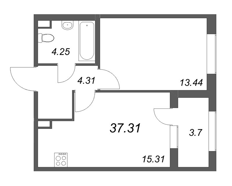 2-комнатная (Евро) квартира, 37.31 м² в ЖК "Дубровский" - планировка, фото №1