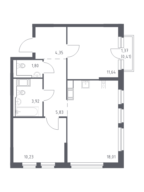 3-комнатная (Евро) квартира, 56.19 м² - планировка, фото №1