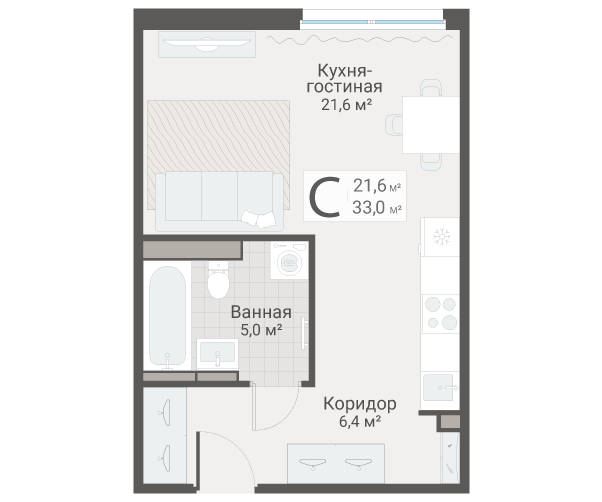 Квартира-студия, 33 м² в ЖК "Руднева 15" - планировка, фото №1