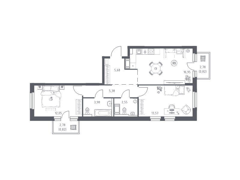 3-комнатная (Евро) квартира, 61.8 м² в ЖК "Новое Колпино" - планировка, фото №1