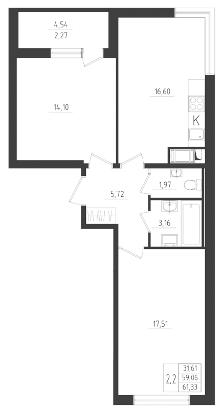 3-комнатная (Евро) квартира, 61.33 м² - планировка, фото №1