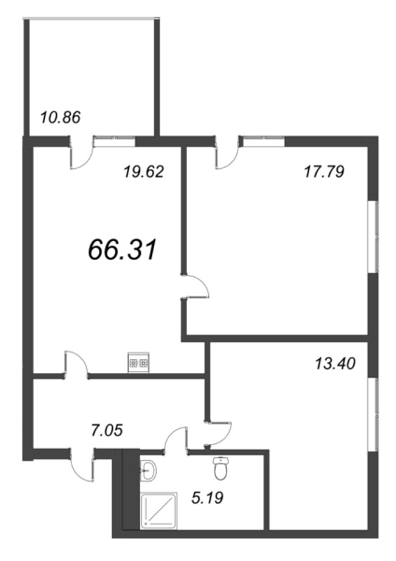 3-комнатная (Евро) квартира, 66.31 м² в ЖК "Bereg. Курортный" - планировка, фото №1