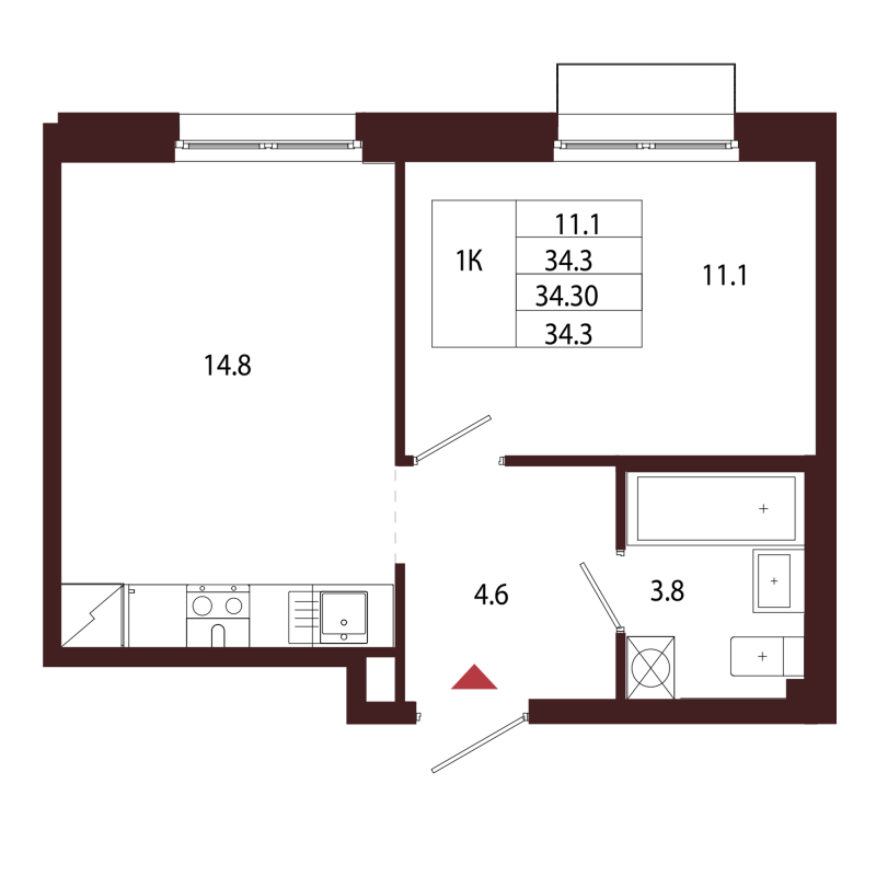 1-комнатная квартира, 34.3 м² в ЖК "Лисино" - планировка, фото №1