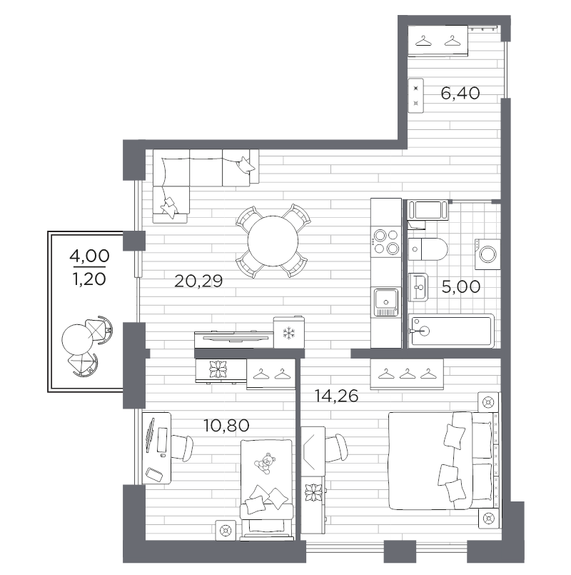 3-комнатная (Евро) квартира, 57.95 м² в ЖК "Сезоны" - планировка, фото №1