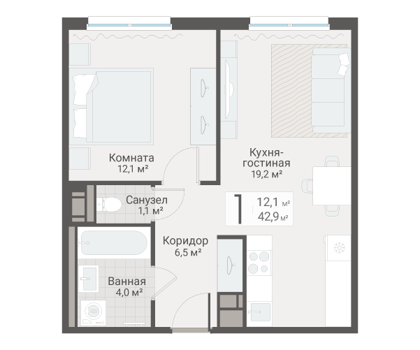 2-комнатная (Евро) квартира, 42.9 м² в ЖК "Руднева 15" - планировка, фото №1