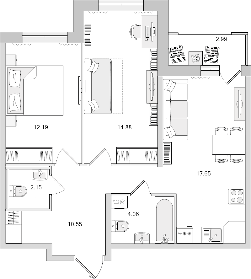 3-комнатная (Евро) квартира, 64.47 м² - планировка, фото №1