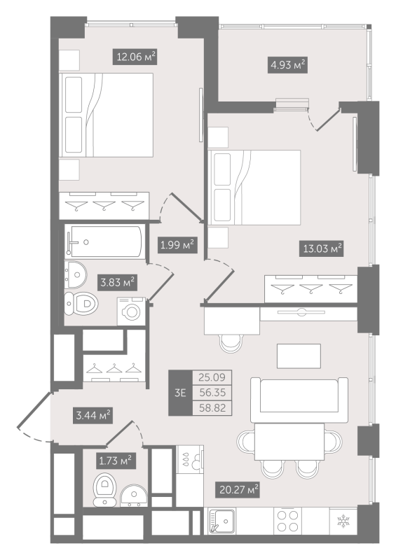 3-комнатная (Евро) квартира, 58.82 м² в ЖК "N8" - планировка, фото №1