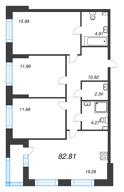 4-комнатная (Евро) квартира, 82.81 м² - планировка, фото №1