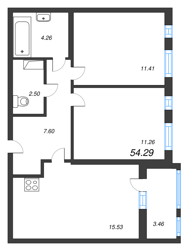 3-комнатная (Евро) квартира, 54.29 м² - планировка, фото №1