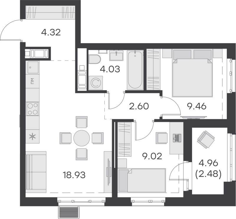 3-комнатная (Евро) квартира, 50.84 м² - планировка, фото №1