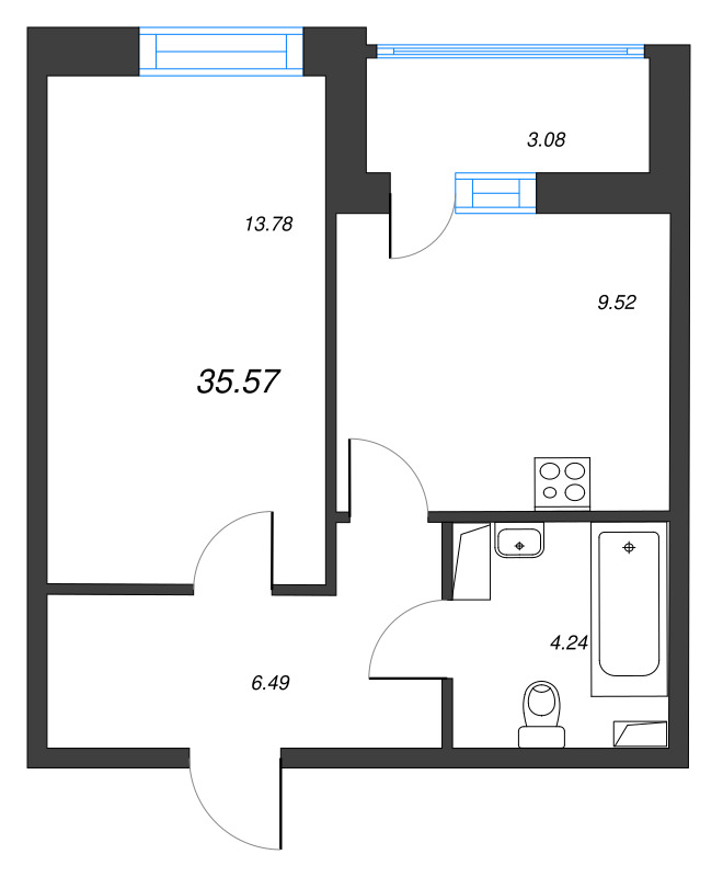 1-комнатная квартира, 35.57 м² - планировка, фото №1