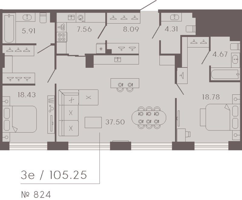 3-комнатная (Евро) квартира, 105.25 м² - планировка, фото №1