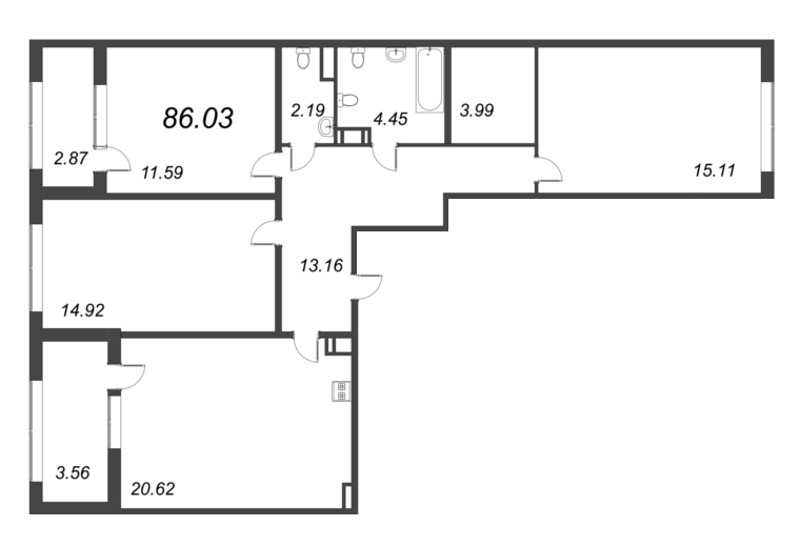 4-комнатная (Евро) квартира, 86.03 м² в ЖК "Б15" - планировка, фото №1