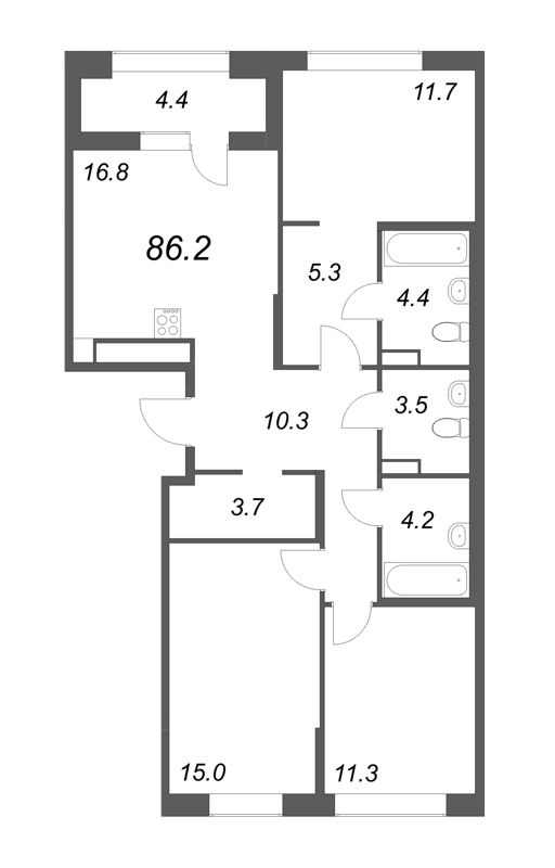 3-комнатная квартира, 86.2 м² в ЖК "Куинджи" - планировка, фото №1