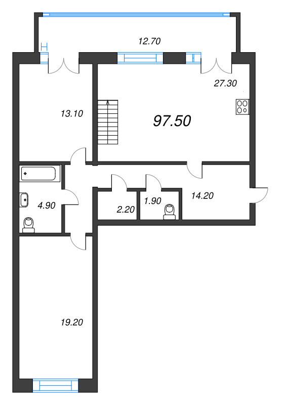 3-комнатная (Евро) квартира, 97.5 м² - планировка, фото №1
