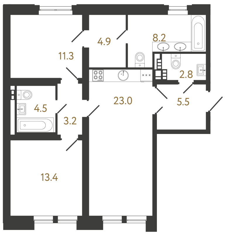 3-комнатная (Евро) квартира, 76.8 м² - планировка, фото №1