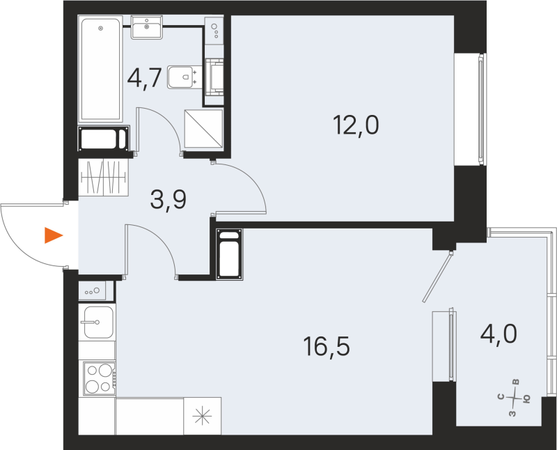 2-комнатная (Евро) квартира, 37.1 м² в ЖК "М36" - планировка, фото №1