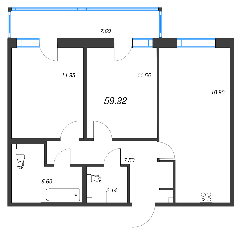 3-комнатная (Евро) квартира, 59.92 м² в ЖК "Аквилон Янино" - планировка, фото №1
