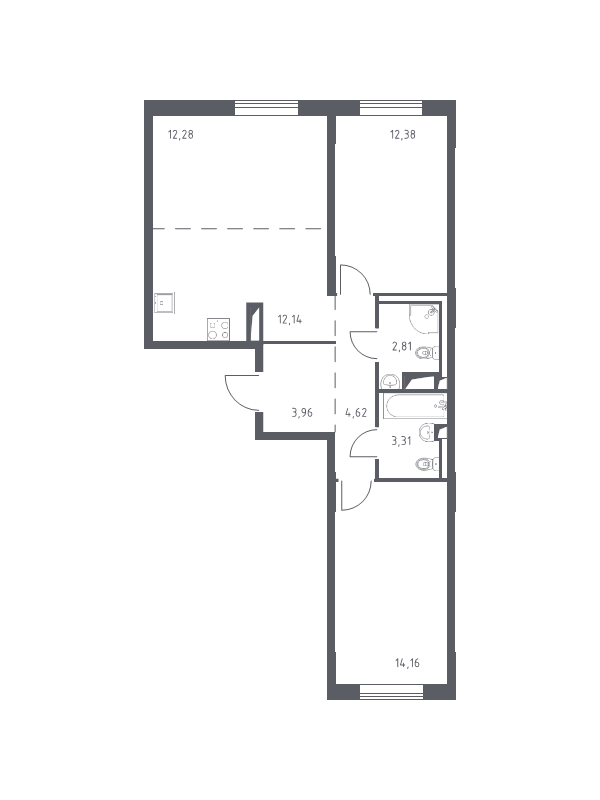 3-комнатная (Евро) квартира, 65.66 м² в ЖК "Квартал Лаголово" - планировка, фото №1