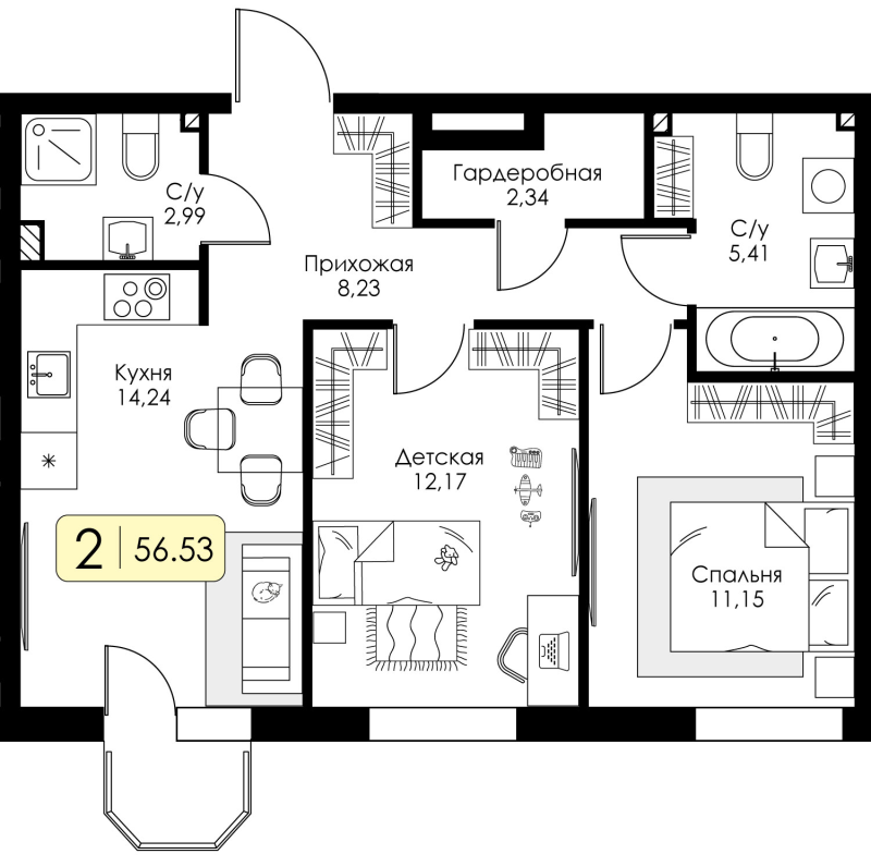 2-комнатная квартира, 56.53 м² в ЖК "Всевгород" - планировка, фото №1