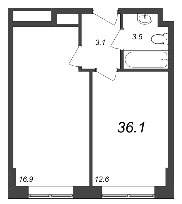 2-комнатная (Евро) квартира, 36.09 м² в ЖК "Zoom на Неве" - планировка, фото №1