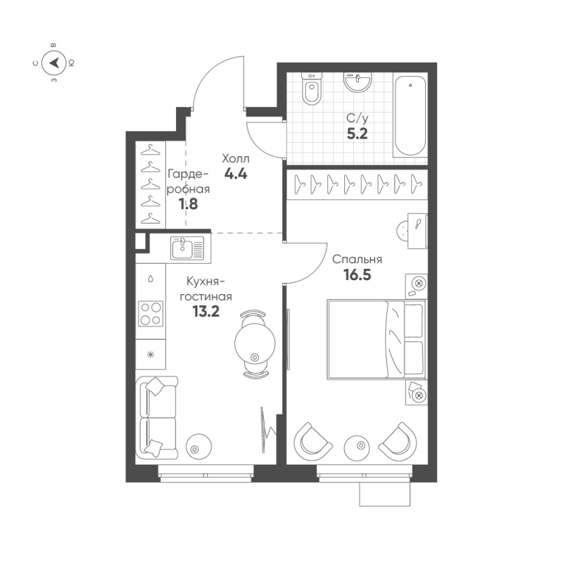 1-комнатная квартира, 41.1 м² - планировка, фото №1