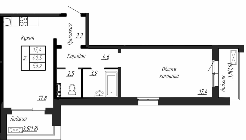 2-комнатная (Евро) квартира, 53.2 м² в ЖК "Сибирь" - планировка, фото №1