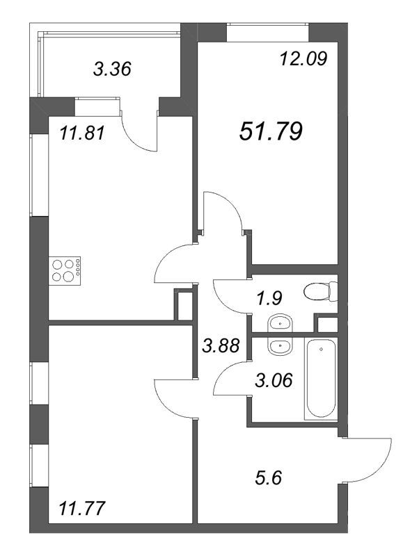 2-комнатная квартира, 51.79 м² в ЖК "Тишин" - планировка, фото №1