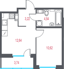 1-комнатная квартира, 32.89 м² - планировка, фото №1