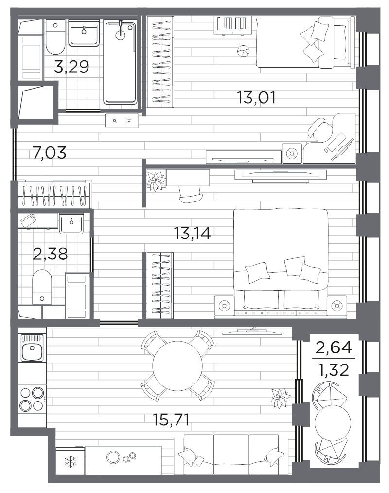 3-комнатная (Евро) квартира, 55.88 м² в ЖК "Respect" - планировка, фото №1